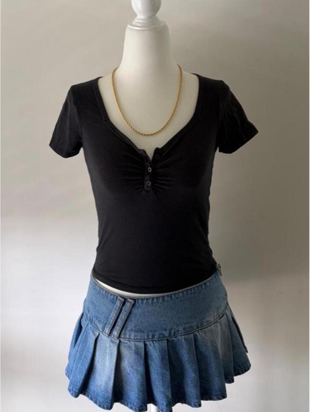 Y2K Hollister Black Baby Tee | Fitted Henley Scoop Neck Top
